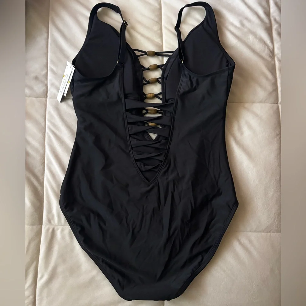 Black One-Piece Swimsuit with Decorative Front Straps - Picture 2 of 3